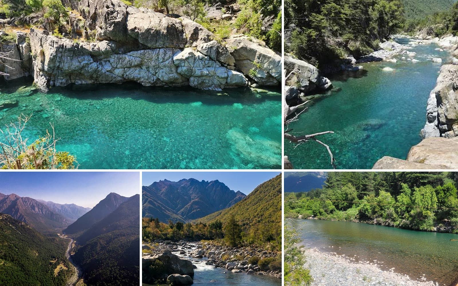 Collage of the Cajón del Achibueno in Linares: turquoise pools, the river between rocks and an aerial view of the valley