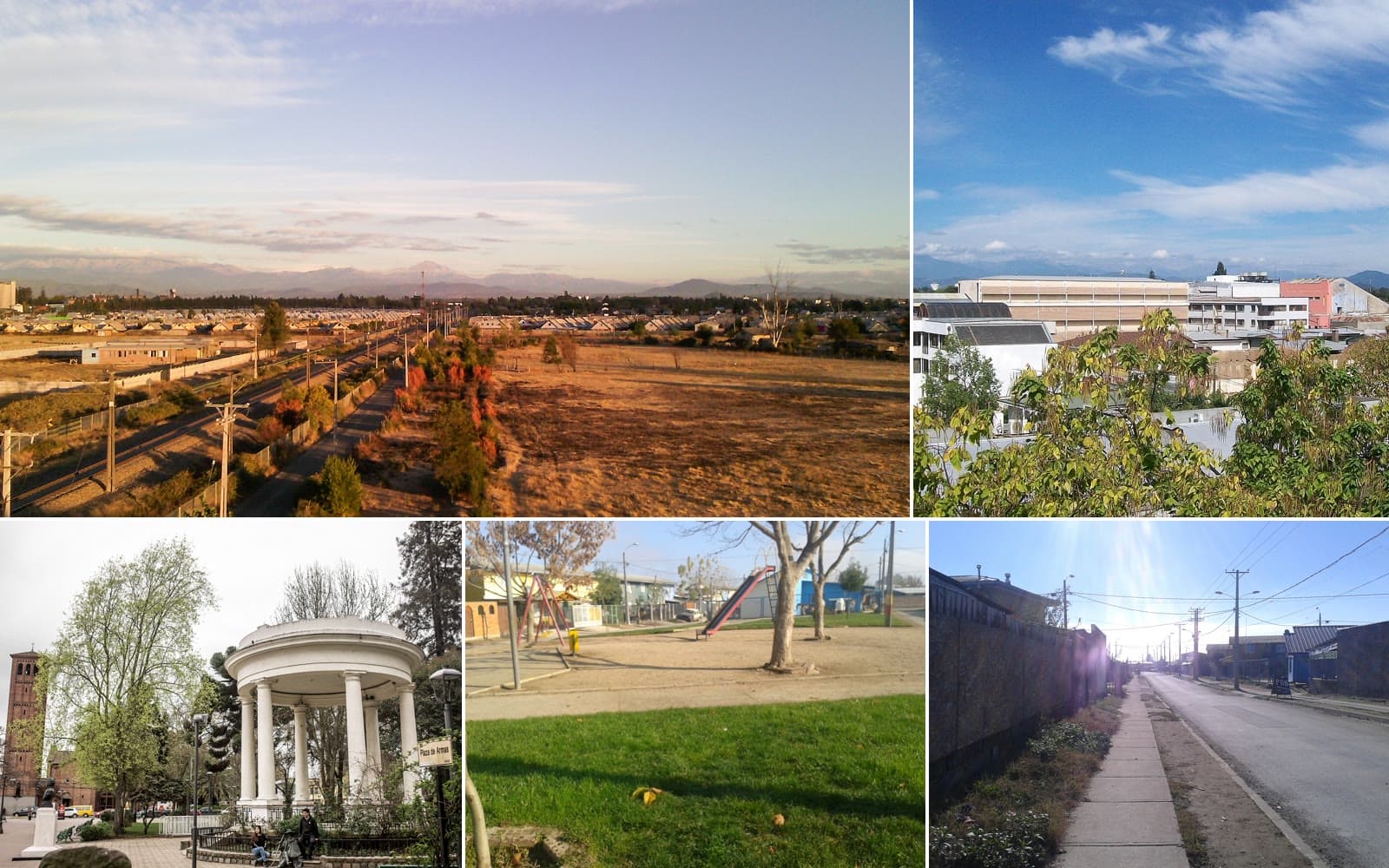 Collage de Linares: vista de las villas al atardecer, el centro con la cordillera, la Plaza de Armas y una plaza y una calle de la Población Nuevo Amanecer
