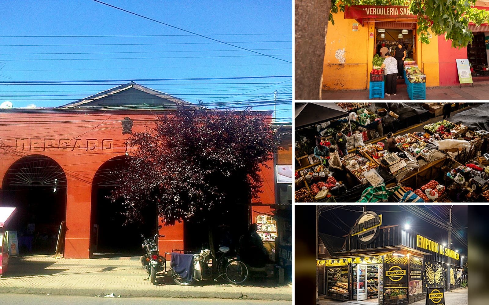 Collage of neighborhood shops: the entrance to the Linares Municipal Market on Maipú street, a greengrocer in San Clemente, a street market and El Emporio de Sanhueza at night
