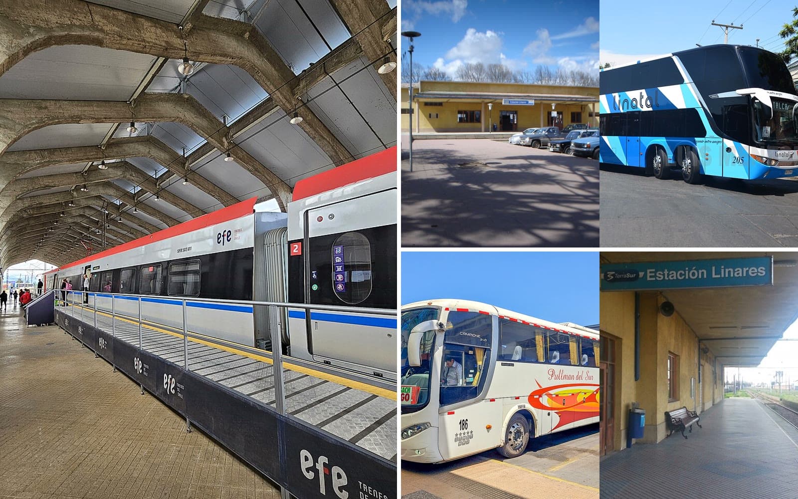 Collage de transporte en Linares: tren de EFE, Estación Linares, buses Linatal y Pullman del Sur
