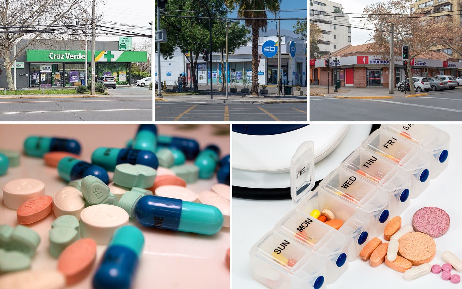 Collage del buscador de remedios en Linares: farmacias Cruz Verde, Salcobrand y Ahumada, cápsulas y pastillero semanal