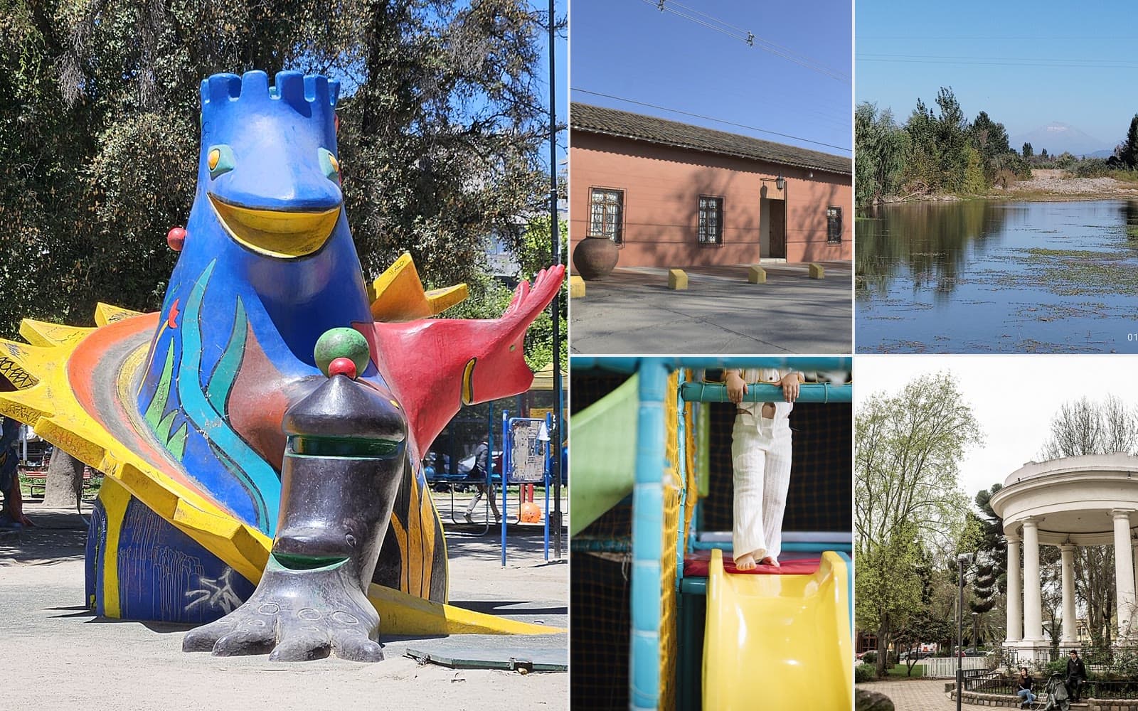 Collage de panoramas para niños: juegos infantiles, Museo de Arte y Artesanía de Linares, río Achibueno, juegos bajo techo y Plaza de Armas