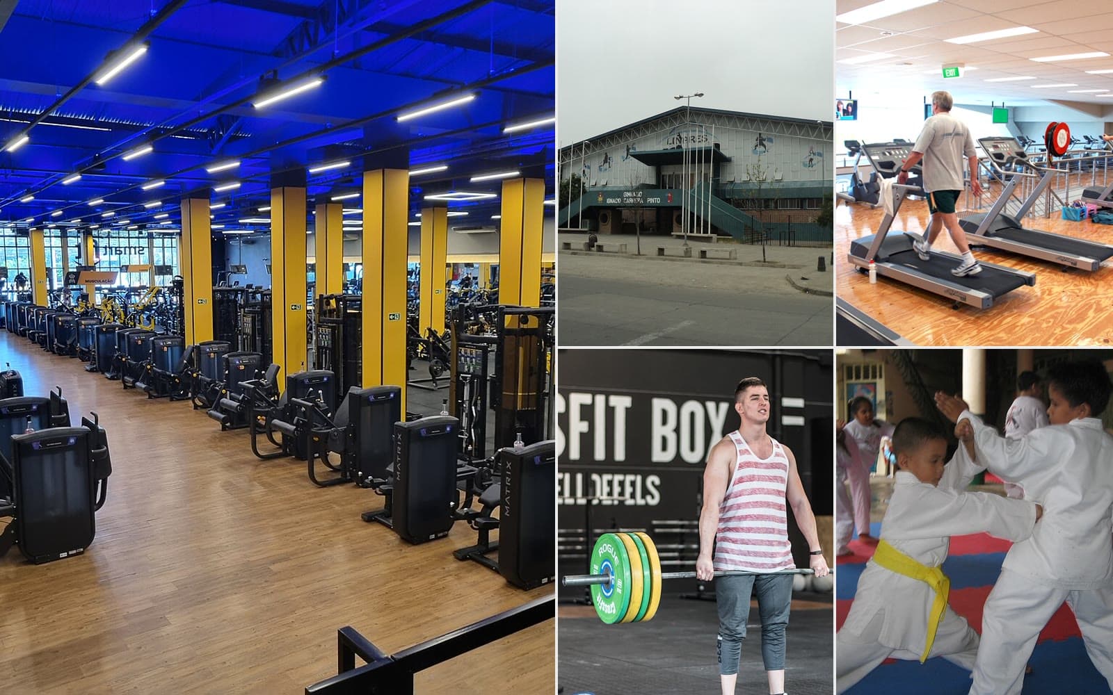 Collage of gyms: weights floor, Linares Municipal Gym, cardio area, CrossFit box and karate class