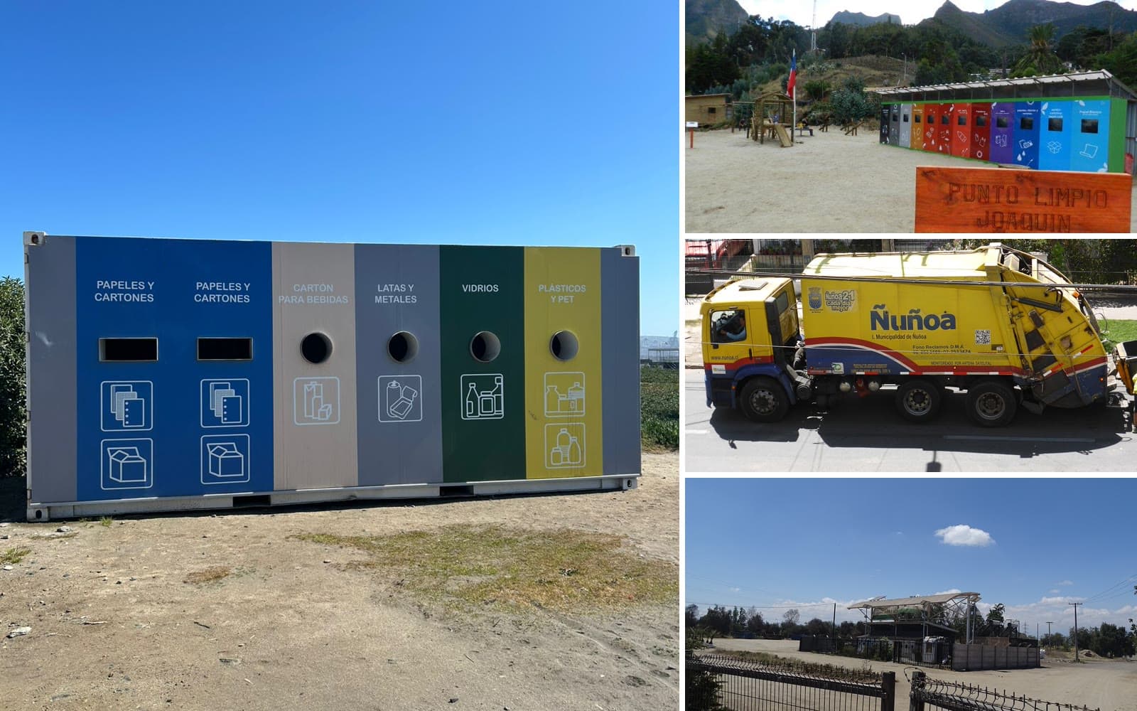 Recycling collage: a container with slots for paper, cardboard, cans, glass and plastic, a recycling point, a garbage truck and a recycling plant