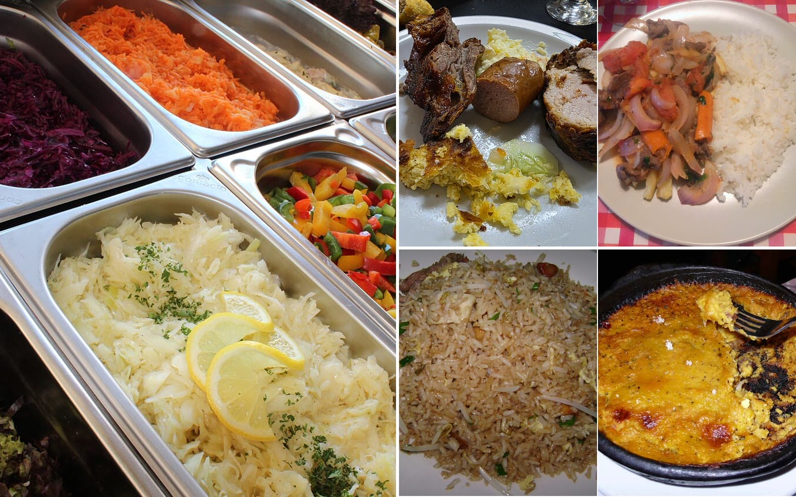 Collage of buffet food: salad bar, mixed grill with meat and sausage, lomo saltado, arroz chaufa and pastel de choclo